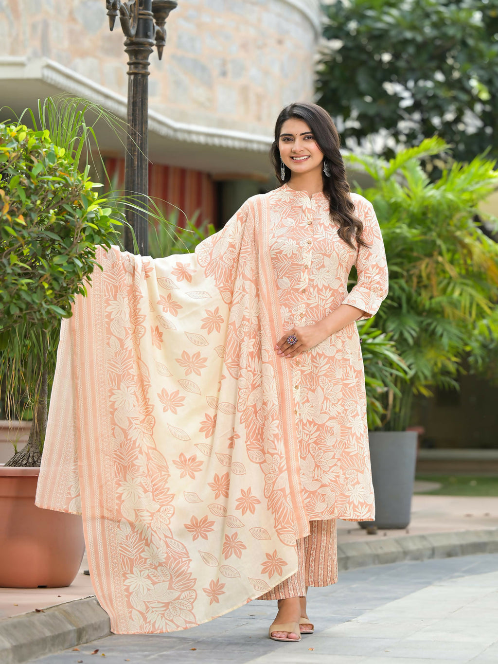 Juniper Women's Brown Floral Printed Cotton Kurta Set With Buttons | Grocsy