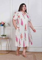 Miravan Plus Size Womens Off White Flower Printed Cotton Flex Maxi Dress | Grocsy