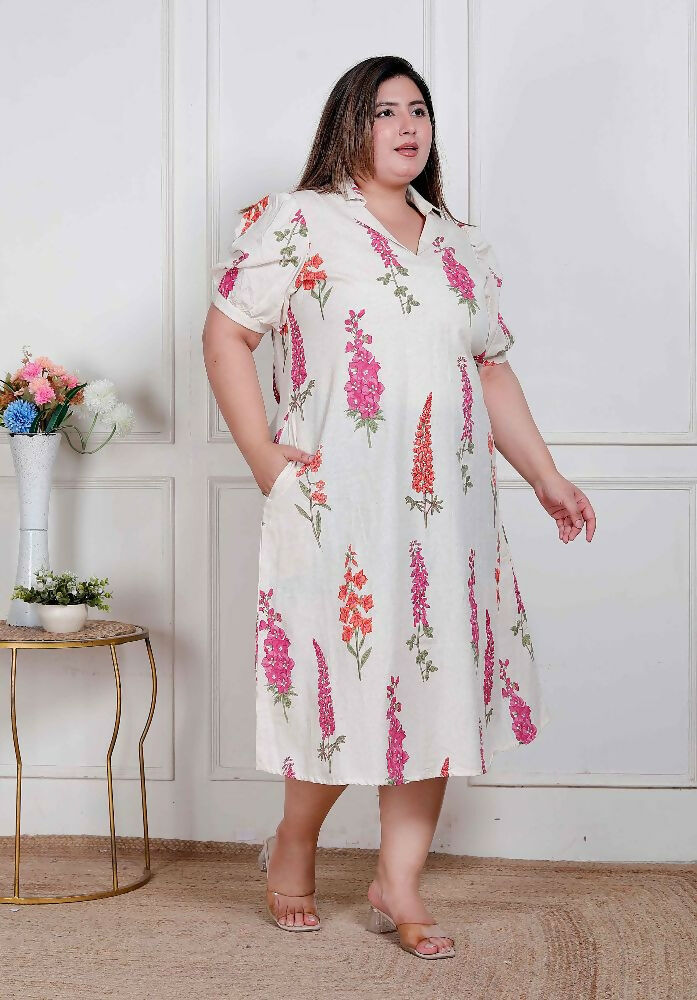 Miravan Plus Size Womens Off White Flower Printed Cotton Flex Maxi Dress | Grocsy