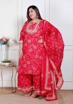 Miravan Plus Size Red Floral Print Embroidered Cotton Straight Kurta With Palazzo & Dupatta | Grocsy