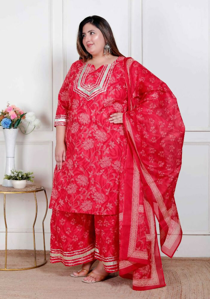 Miravan Plus Size Red Floral Print Embroidered Cotton Straight Kurta With Palazzo & Dupatta | Grocsy