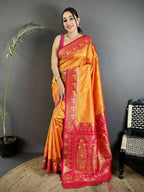 Joban Fashion Orange Intricate Motifs Soft Silk Banarasi Saree | Grocsy
