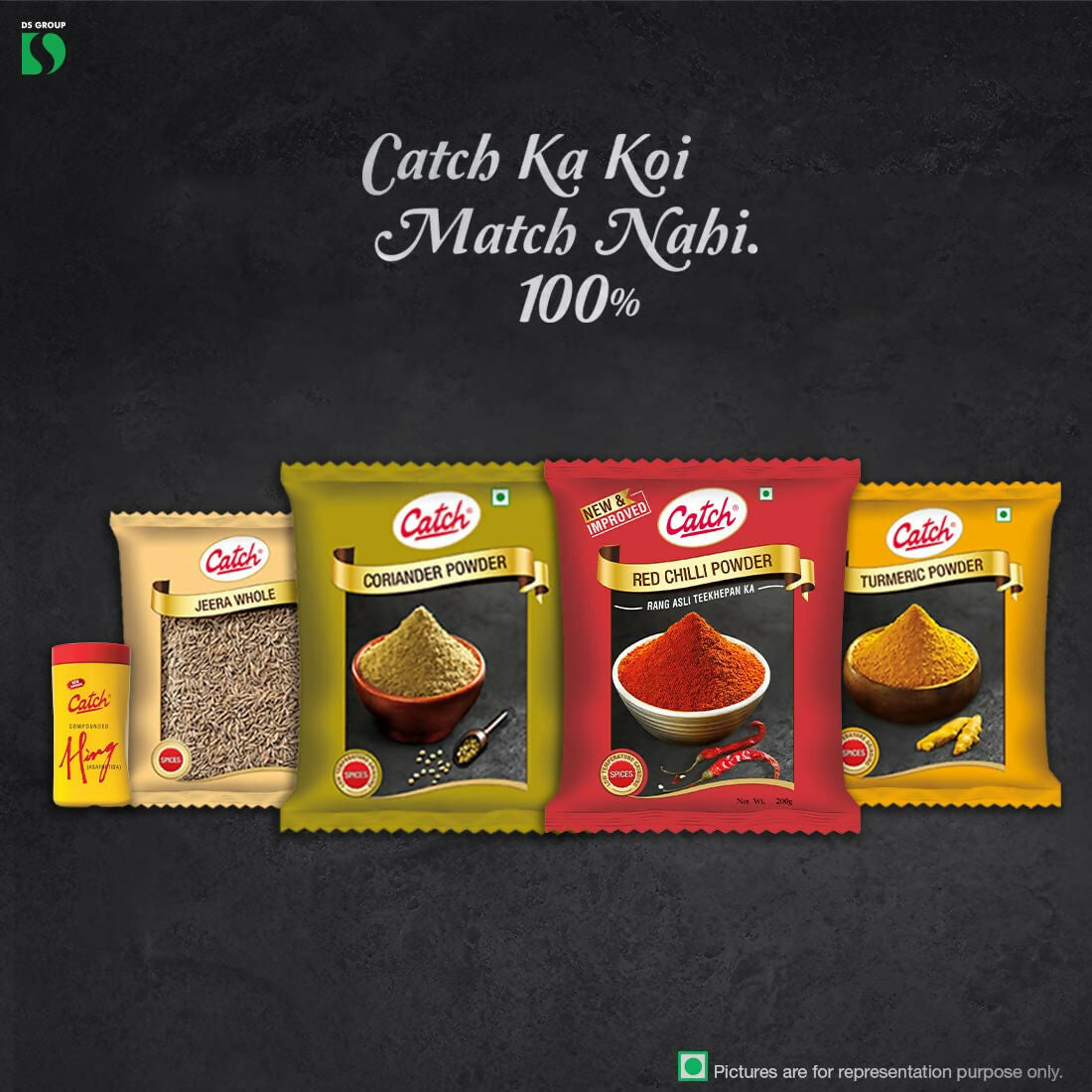 Catch Masala & Spices Combo Five Pack - Coriander Powder 200 gms + Turmeric Powder 200 gms + Red Chilli Powder 200 gms + Cumin Whole 200 gms + Hing 50 gms | Grocsy