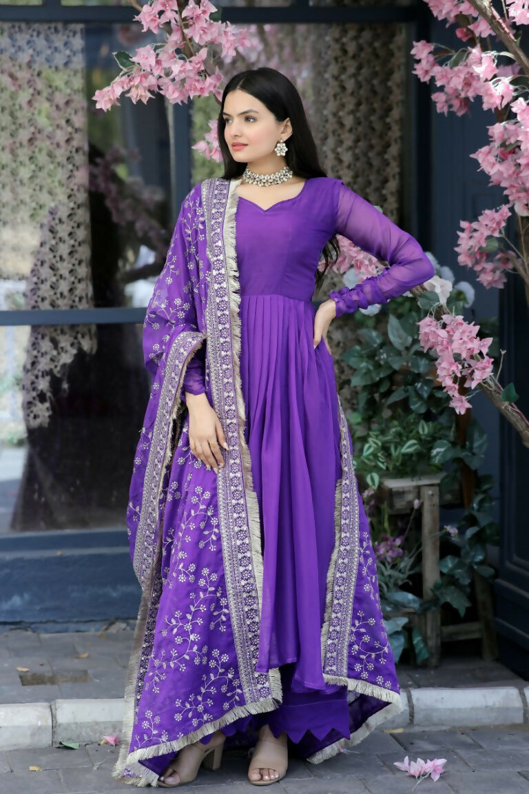 Jyoti Fashion Women's Purple Tabby Silk Designer Kurta with Trouser & Dupatta | Grocsy