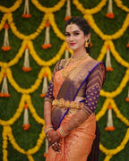 DEIANA'S Beautiful Designer Golden zari Soft Lichi Silk Saree - Peach | Grocsy