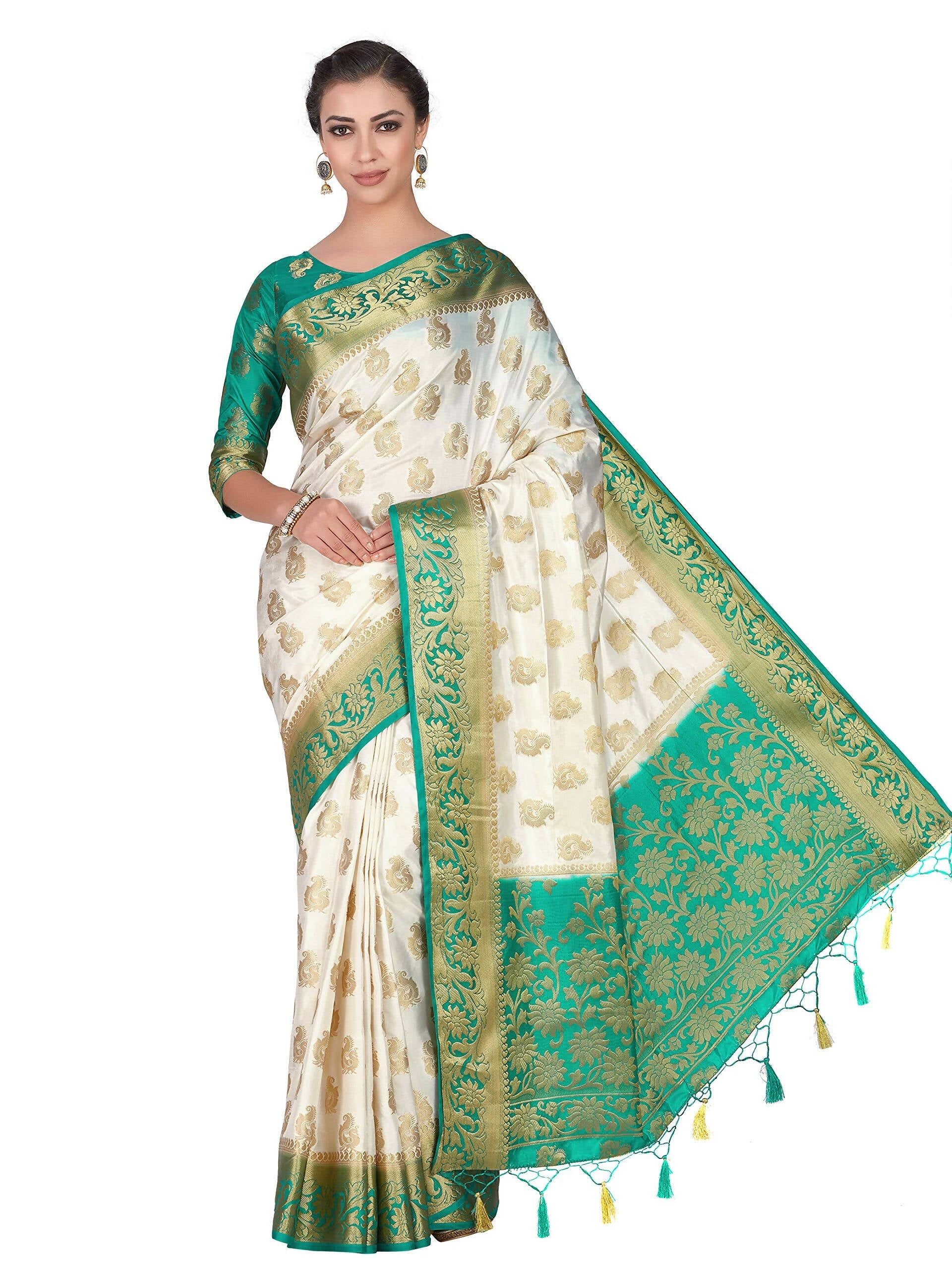 Mimosa Women's Kanchipuram Silk Beige Saree | Grocsy