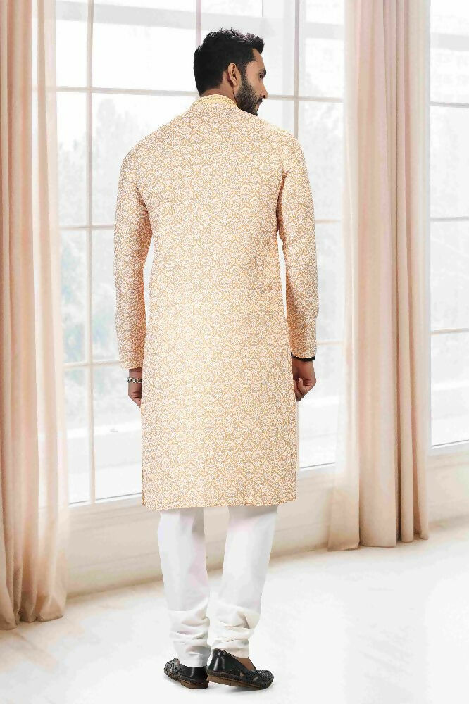 Raivat Ethnic Cotton Thread Work Kurta Pajama In Yellow Colour | Grocsy