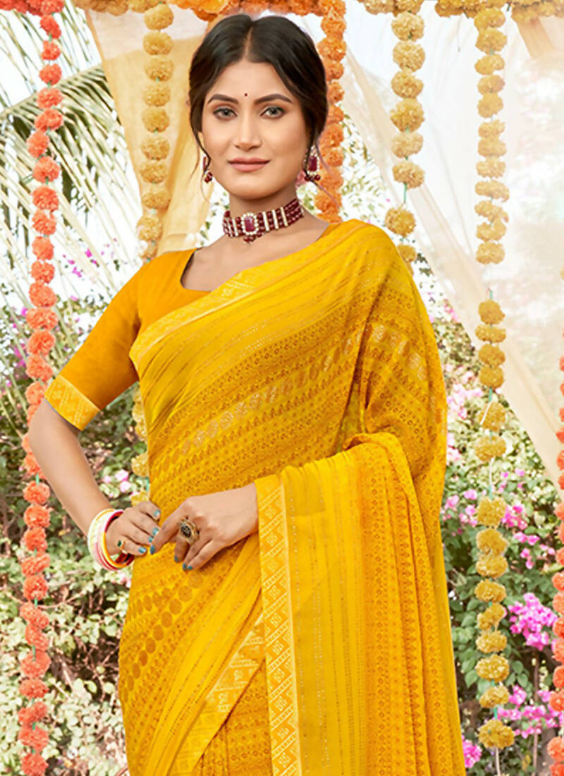 Mustard Georgette Foil Printed Saree with Unstitched Blouse Piece - Avika | Grocsy