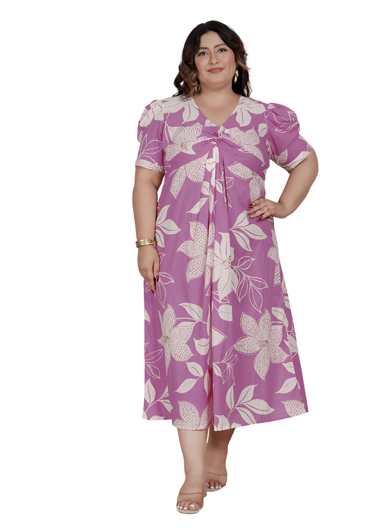 Miravan Womens Plus Size Pink Floral Print Puff Sleeve Pure Cotton Fit Flare Butterfly Maxi Dress | Grocsy