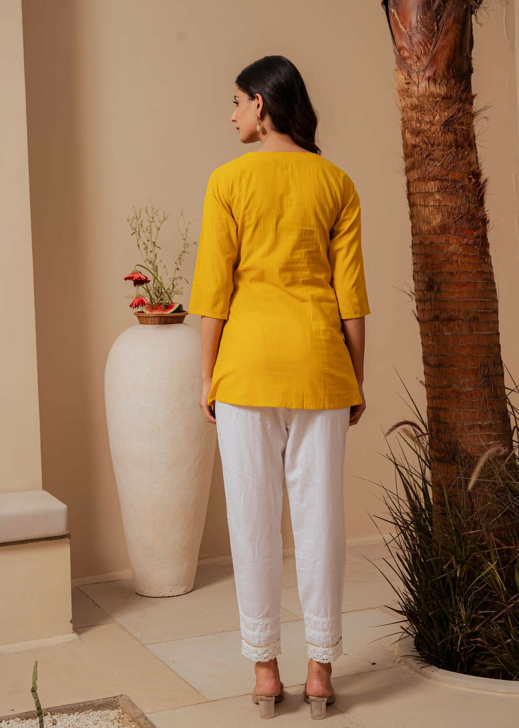 Juniper Mustard Striped Cotton Tunic With Thread Work And Button Detailing | Grocsy