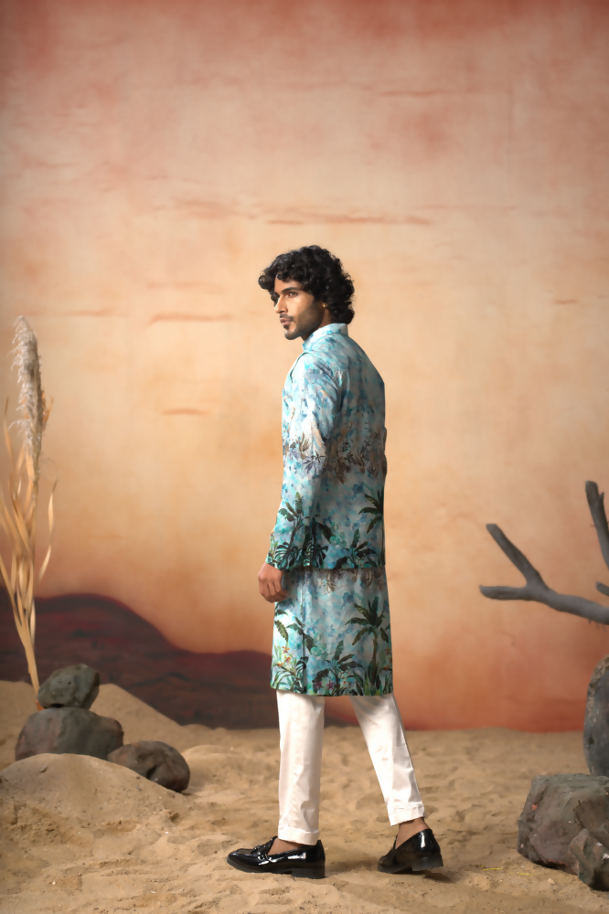 Palm Trees Relaxed Hues Printed Silk Nehru Jacket Set by Hilo Design | Grocsy