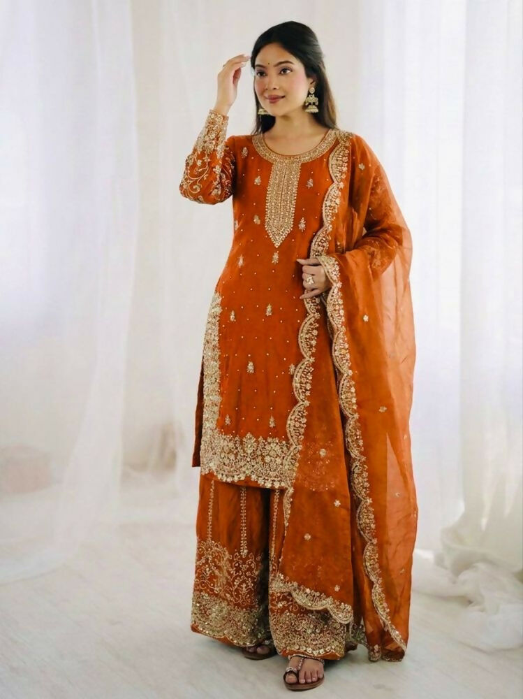 Teeya Creation Orange Color Fendy Silk Embroidery Work Wedding Wear Salwar Suit | Grocsy