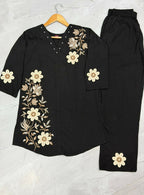 Teeya Creation Women Jet Black Embroidered Tunic & Pant Co-Ord Set | Grocsy