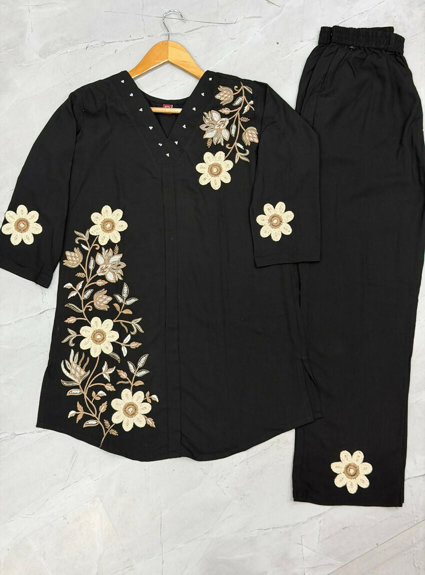 Teeya Creation Women Jet Black Embroidered Tunic & Pant Co-Ord Set | Grocsy