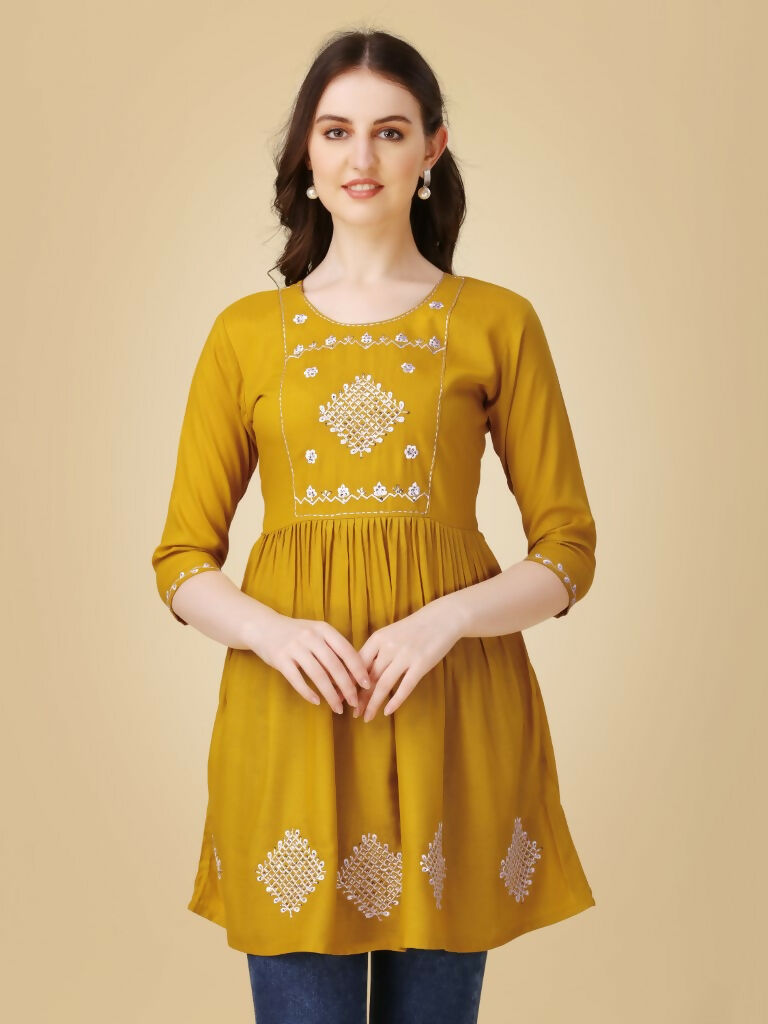 Jyoti Fashion Women's Mustard Viscose Rayon Embroidered Casual Top | Grocsy