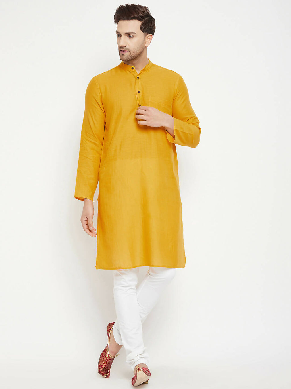 Even Apparels Yellow Pure Cotton Long Men's Kurta With Band Collar | Grocsy