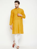 Even Apparels Yellow Pure Cotton Long Men's Kurta With Band Collar | Grocsy