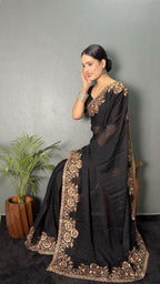 Vastranavya Black Rangoli Silk Zari work with DMC Swarovski work Ready to Wear Saree | Grocsy