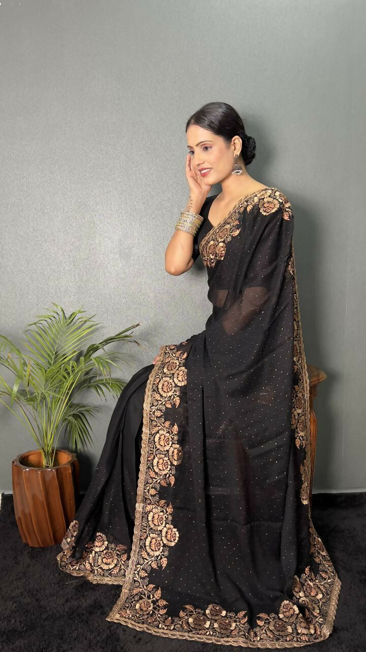 Vastranavya Black Rangoli Silk Zari work with DMC Swarovski work Ready to Wear Saree | Grocsy