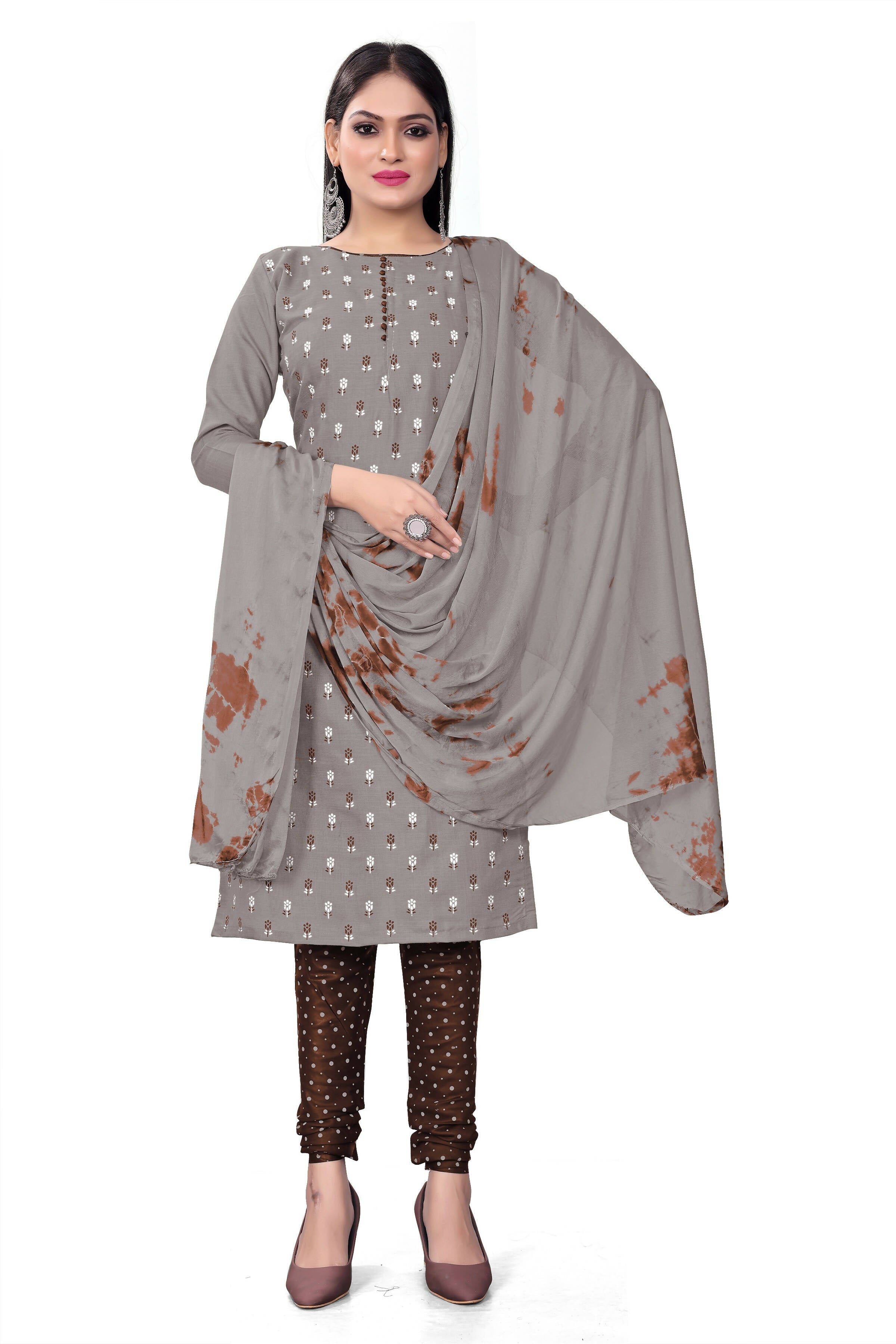 Grey Slab cotton Printed Unstitched Dress Material - Tanvi | Grocsy