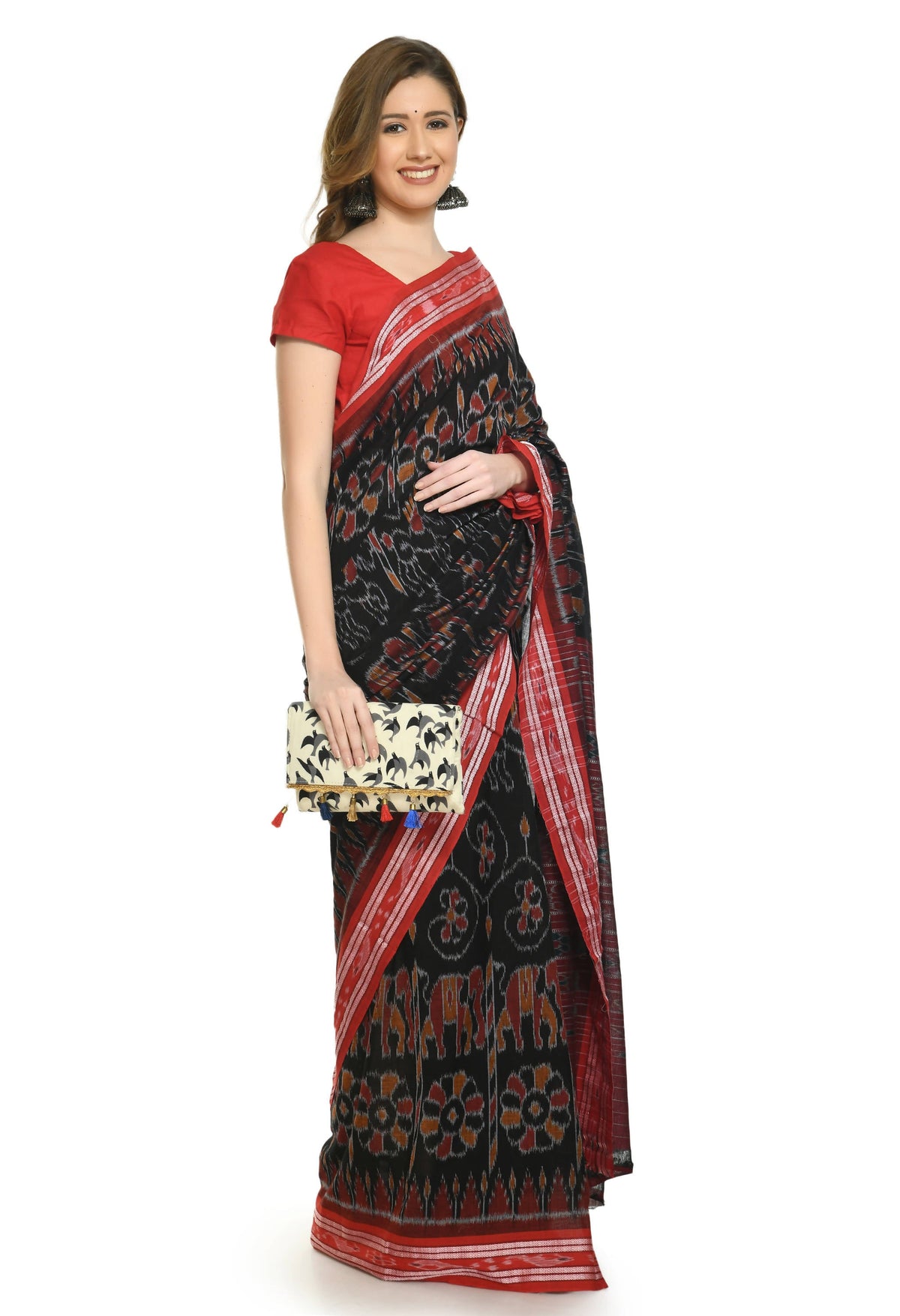 Vamika Sambalpuri Ikat Cotton Dehabandha Tribal Maroon & Orange Saree | Grocsy