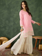 The52 Women's Gorgeous Embroidery Work Cotton Satin Fabric Straight Kurta Sharara and Dupatta Set | Grocsy
