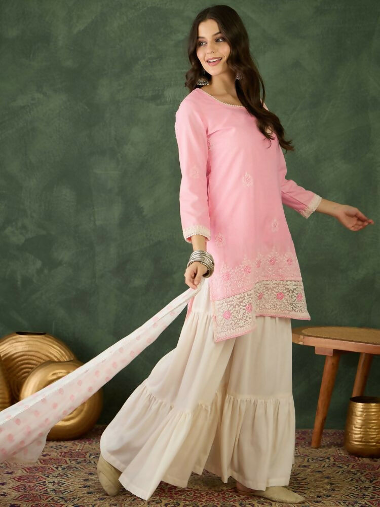 The52 Women's Gorgeous Embroidery Work Cotton Satin Fabric Straight Kurta Sharara and Dupatta Set | Grocsy