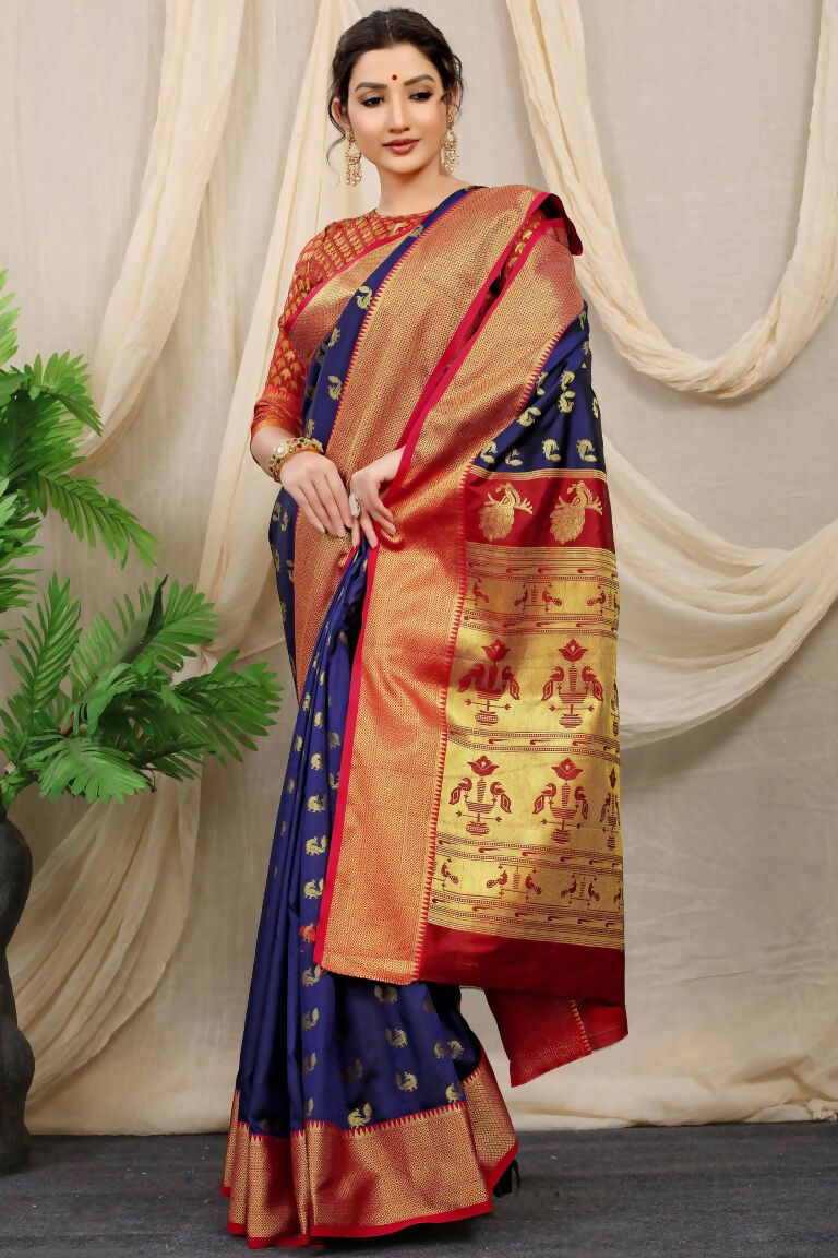 Jyoti Fashion Women's Navy Blue Banarasi Silk Zari Woven Saree with Blouse | Grocsy