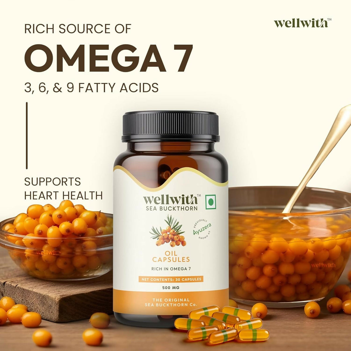 Wellwith Sea Buckthorn Berry Oil Vegan Omega 7 500mg, Softgels Capsules | Grocsy