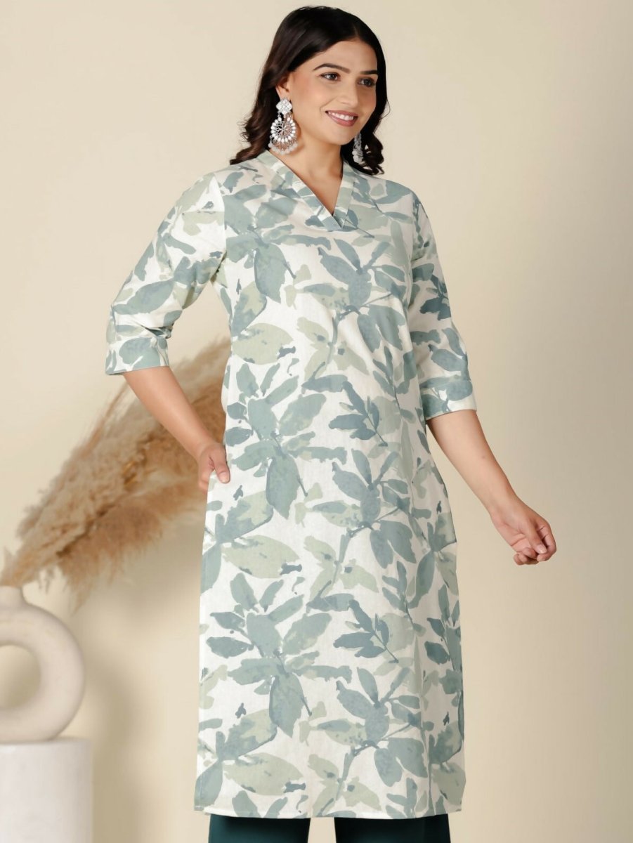 Aramya Green Linen Cotton Foliage Straight Kurta for Women | Grocsy
