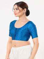 Joban Fashion Cobalt-Blue Taffeta Silk Elbow Sleeveless Front Open Blouse | Grocsy