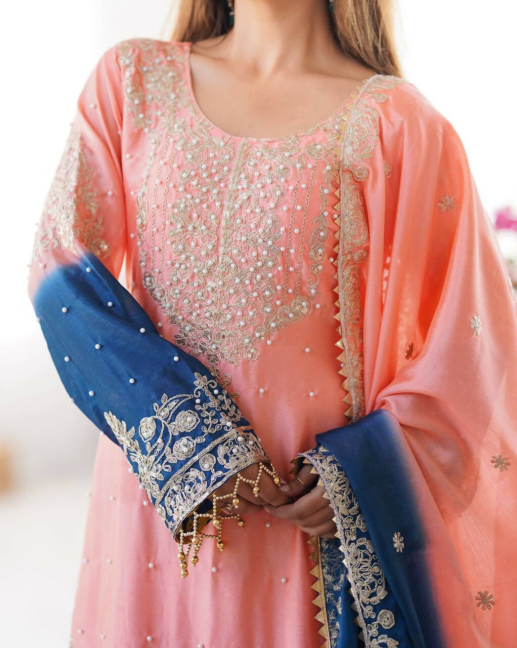 The52 Women's Beautiful Chinon silk Fabric Embroidery Work Straight Kurta Palazzo and Dupatta Set | Grocsy
