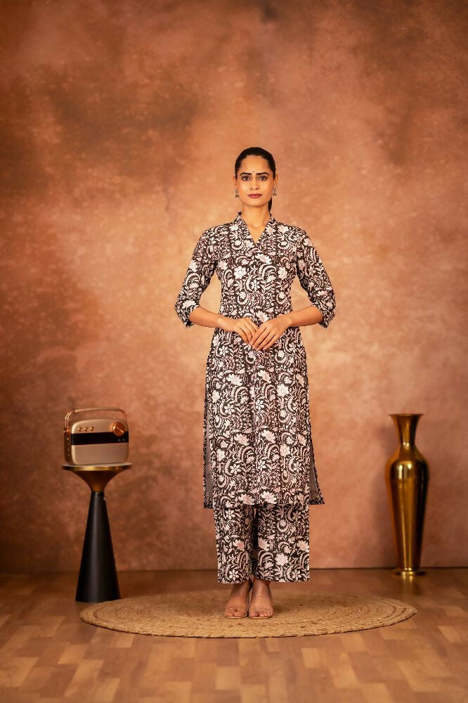 Joban Fashion Black Floral Hand Block Printed Cotton Kurta Pant Set | Grocsy