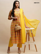 Yellow Pure Cotton Bandhani Printed Naira Cut Kurta And Bottom With Dupatta - Akashara | Grocsy