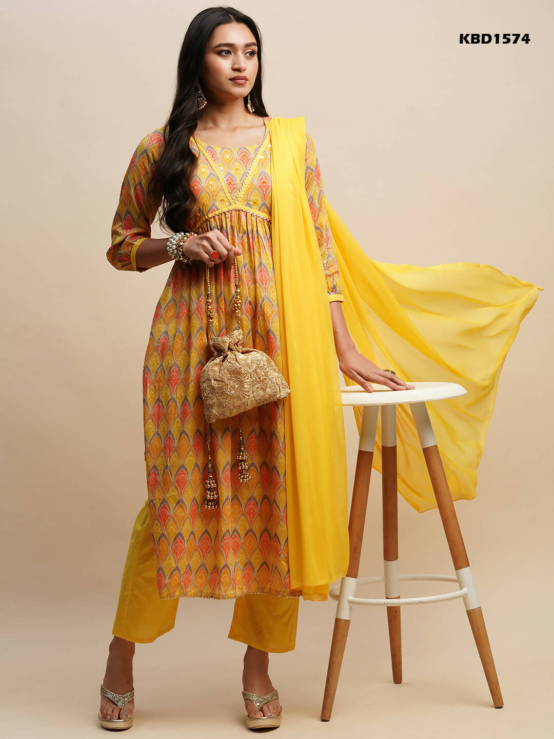 Yellow Pure Cotton Bandhani Printed Naira Cut Kurta And Bottom With Dupatta - Akashara | Grocsy