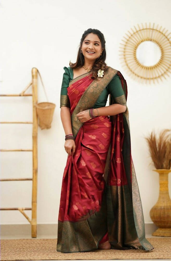 DEIANA'S Beautiful Designer Golden zari Soft Lichi Silk Saree - Red | Grocsy