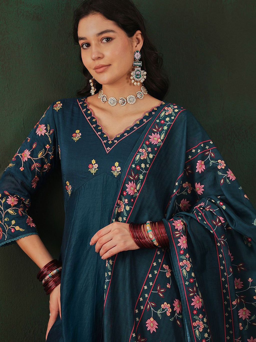 Sangria Floral Embroidered A-Line Kurta & Trousers With Dupatta | Grocsy