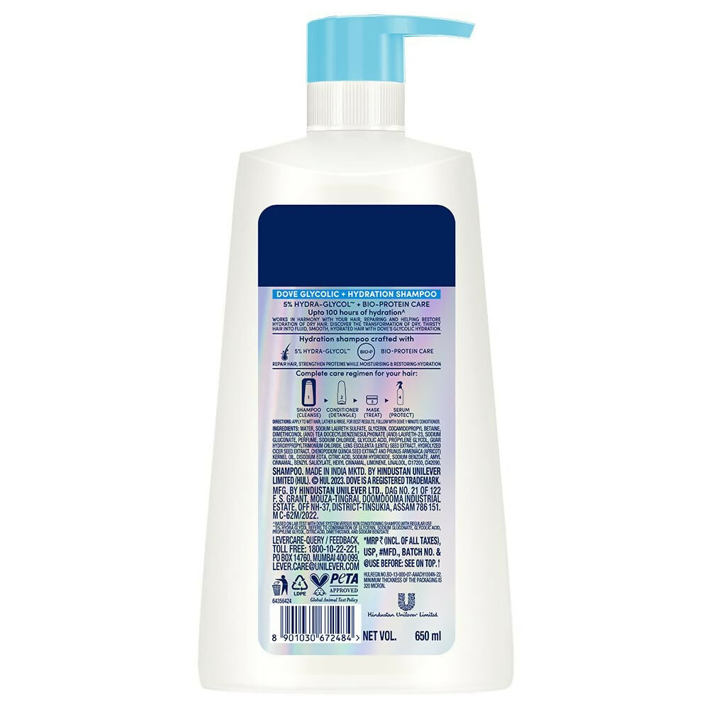 Dove Glycolic + Hydration Shampoo With 5% Hydra-Glycol For Upto 100 Hours Of Hydrated, Fluid Hair | Grocsy