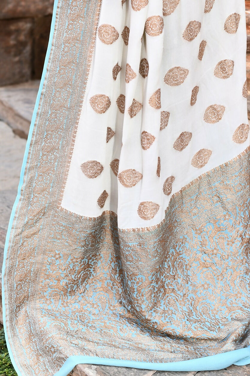 Joban Fashion Light Sky Blue Crepe Chiffon Pure Handloom Banarasi Silk Saree | Grocsy