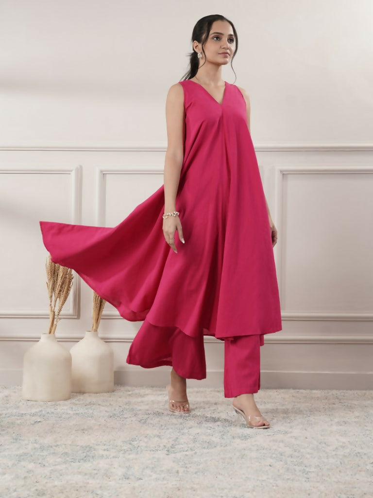 Joban Fashion Women's Fuchsia Cotton A-Line Midi Dress With Pants | Grocsy