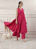 Joban Fashion Women's Fuchsia Cotton A-Line Midi Dress With Pants | Grocsy