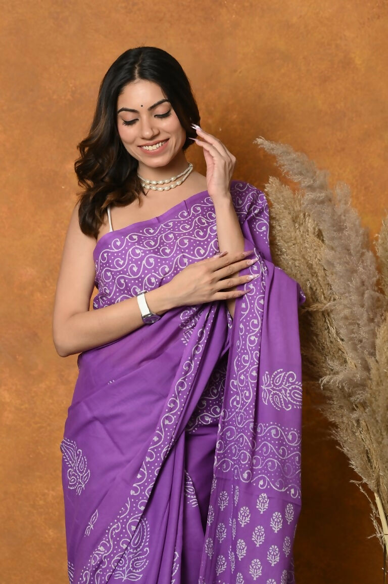 Very Much Indian Handblock Printed Cotton Saree With Natural Dyes - Purple | Grocsy