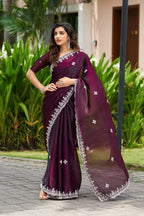 Vastranavya Wine Embroidery Work Shimmer Chiffon Saree with Unstitched Blouse | Grocsy