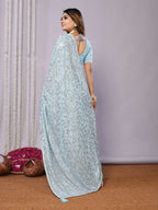 Sky Blue Pure Georgette Embroidered Saree With Stitched Blouse - Nimaya Kaksha | Grocsy