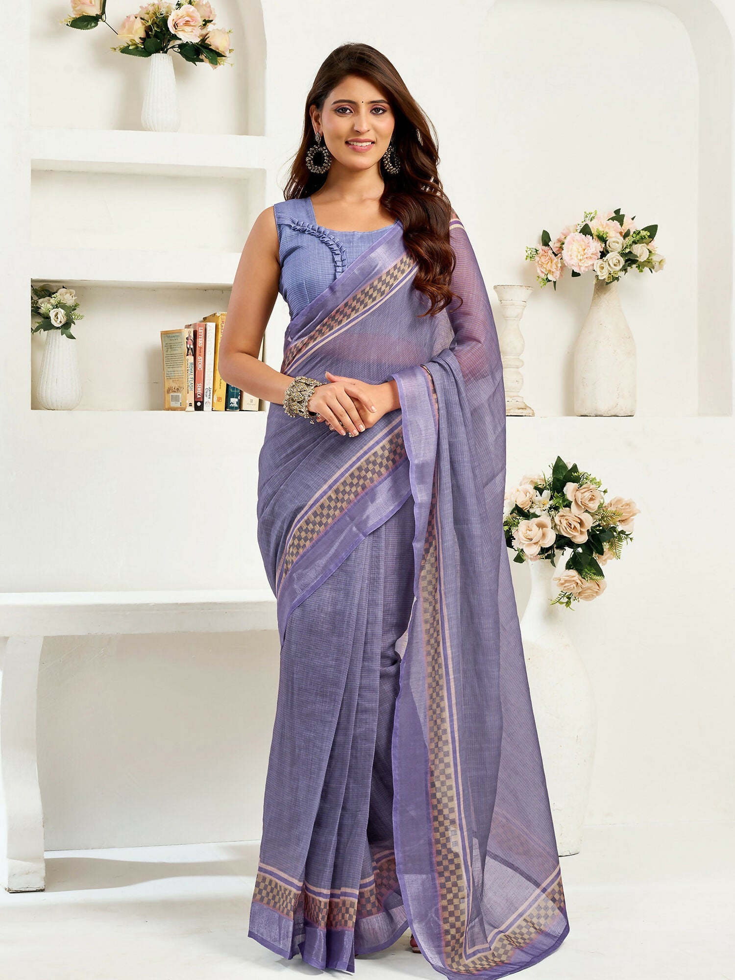 Joban Fashion Lavender Striped Linen Ready To Wear Saree With Unstitched Blouse | Grocsy