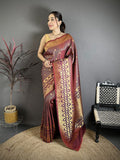 Elora Wine Banarasi Soft Silk Checked Body With Floral Motifs South Pattu Saree | Grocsy