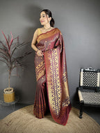 Elora Wine Banarasi Soft Silk Checked Body With Floral Motifs South Pattu Saree | Grocsy