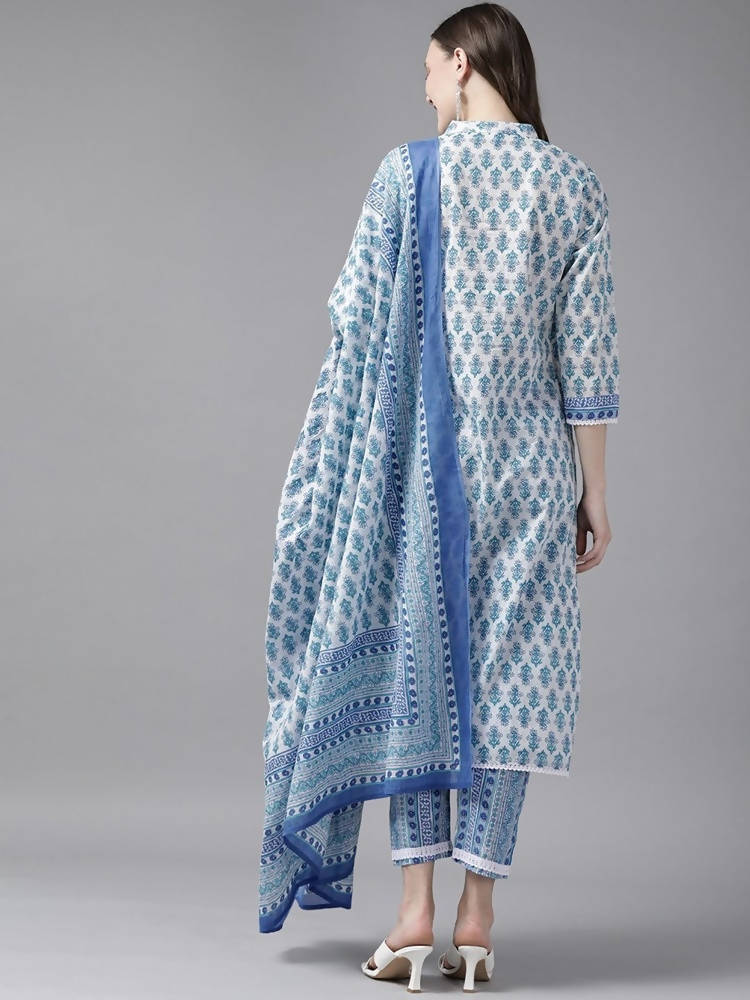 Yufta Women White & Blue Ethnic Hand Block Print Pure Cotton Kurta with Trouser & Dupatta | Grocsy