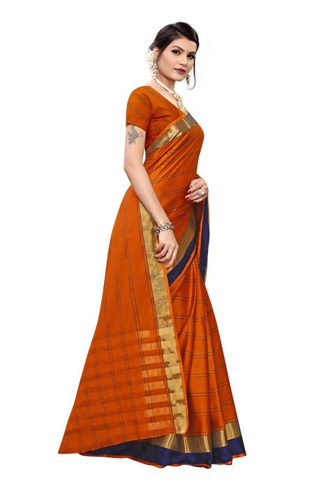 Vamika Orange Cotton Silk Weaving Saree (Rimi Checks Orange) | Grocsy