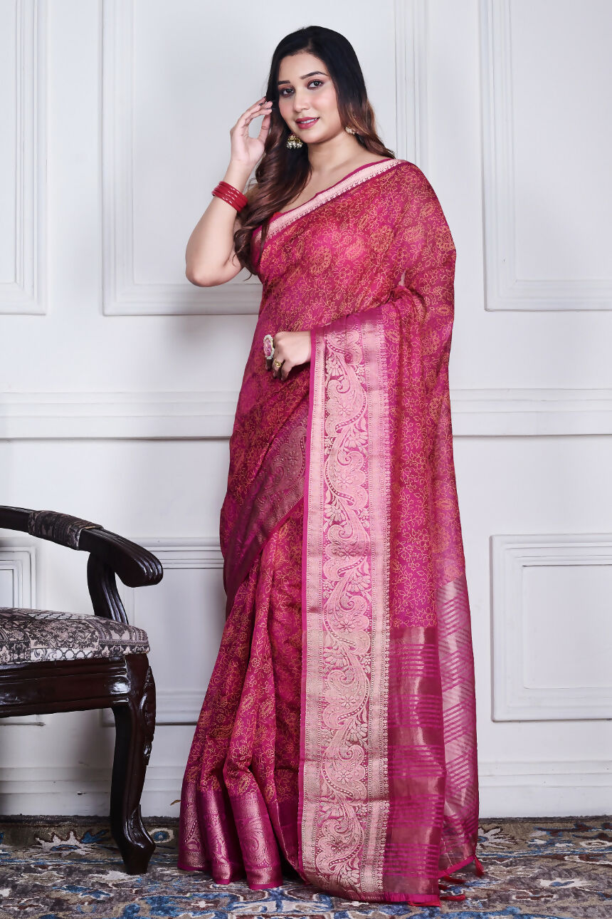 Morchari Pink Script Printed Orzanga Saree Unstitched Blouse | Grocsy